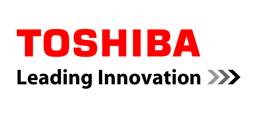 Toshiba logo featuring a bold red font with a distinctive design, representing the brand's identity and innovation.
