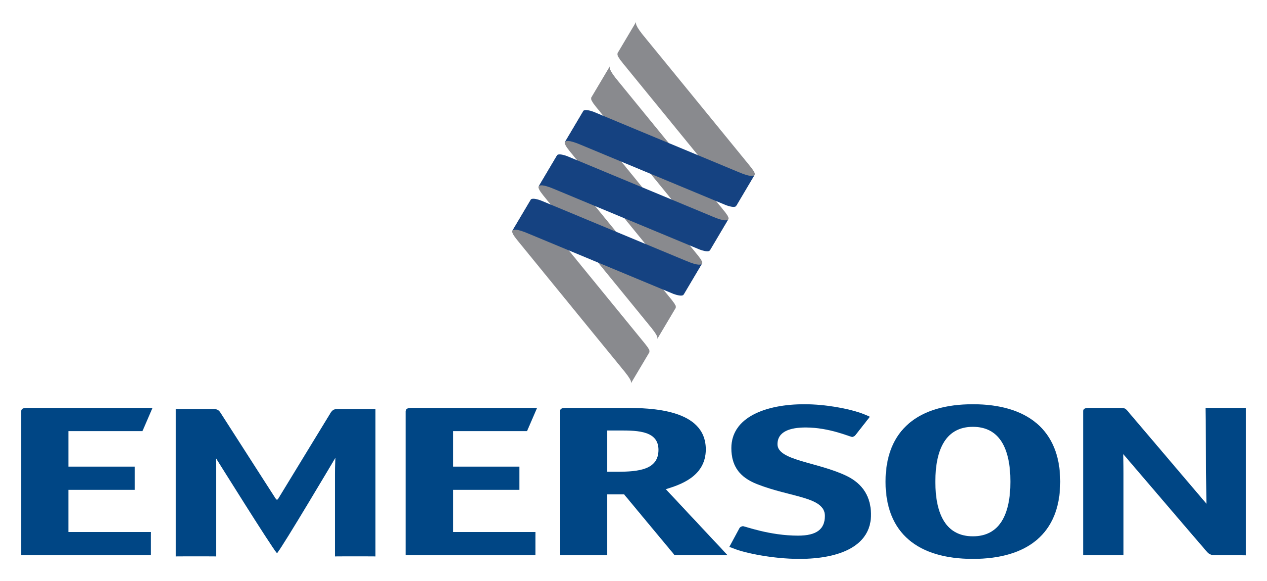 Emerson's logo featuring a blue and gray diamond design, symbolizing innovation and technology.