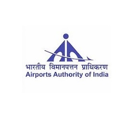 Logo of Airports Authority of India featuring an abstract blue design and text in Hindi and English.