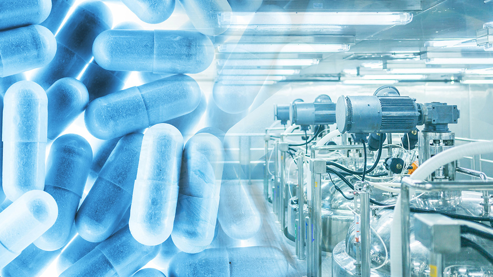 Blue capsules overlay a pharmaceutical production facility with machinery and stainless steel tanks, highlighting medication manufacturing.