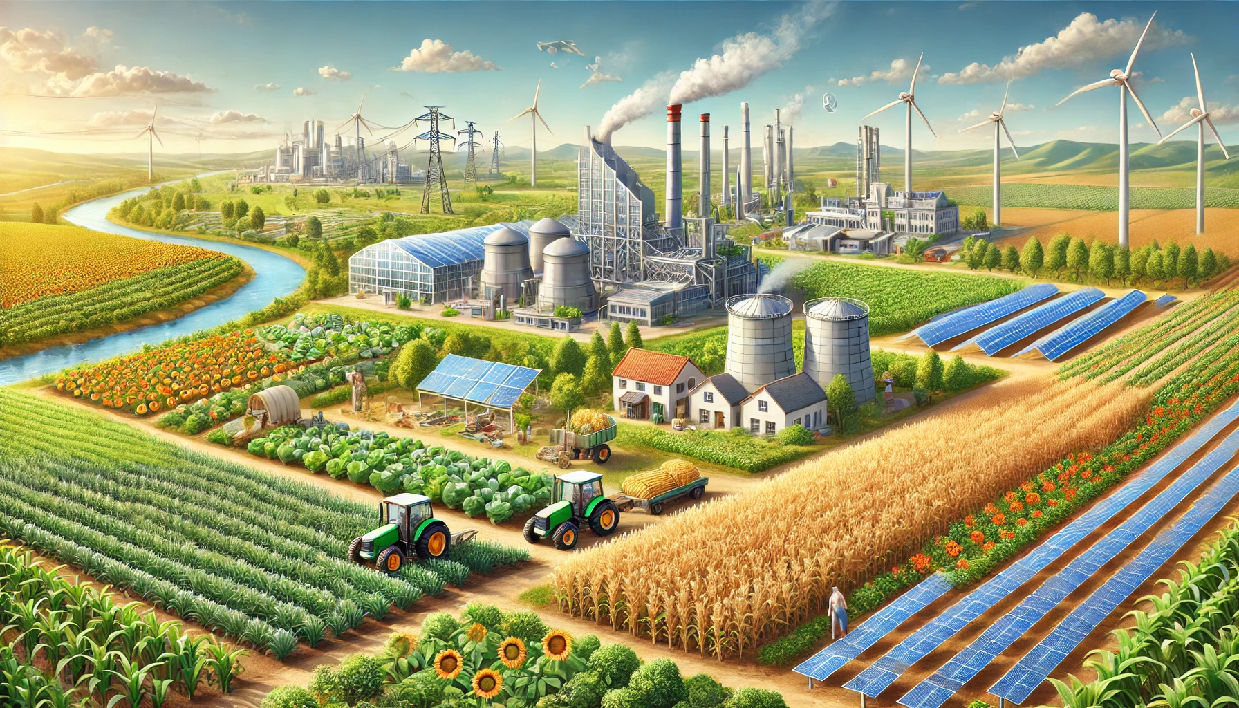 A vibrant agricultural landscape featuring crops, solar panels, wind turbines, and industrial facilities, showcasing eco-friendly farming technology.