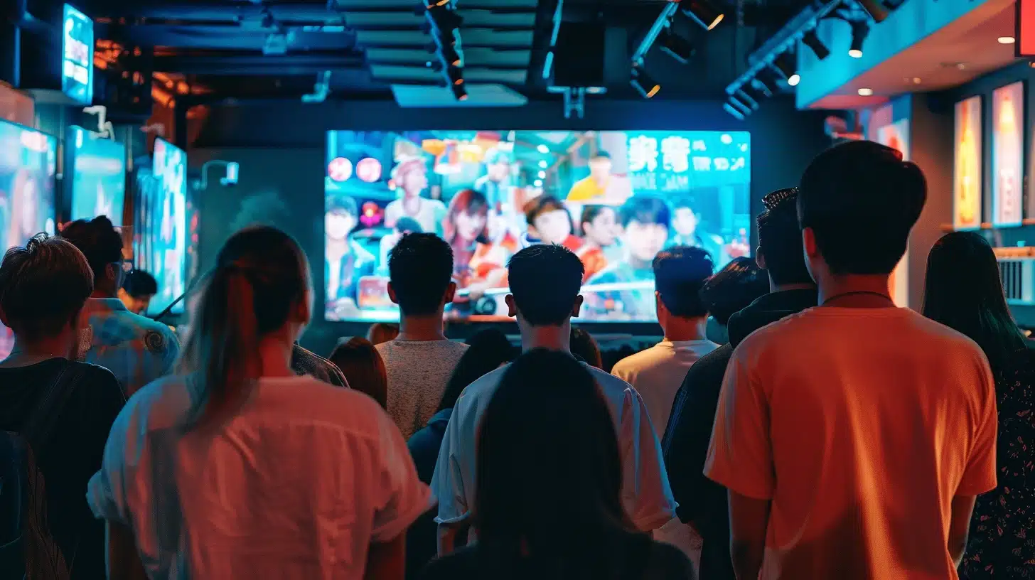 A crowd of people watches a vibrant screen displaying colorful graphics in a lively indoor setting. Bright lighting enhances the atmosphere.