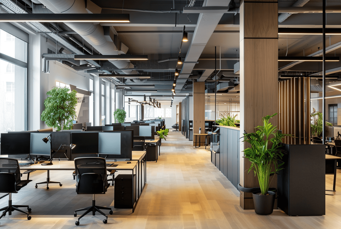 An open office space featuring desks arranged neatly enhancing the environment.