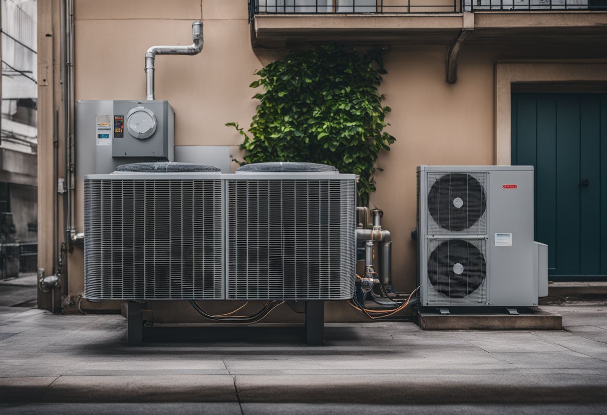 Two large air conditioning units sit side by side against a wall, surrounded by pipes and greenery in an urban setting.