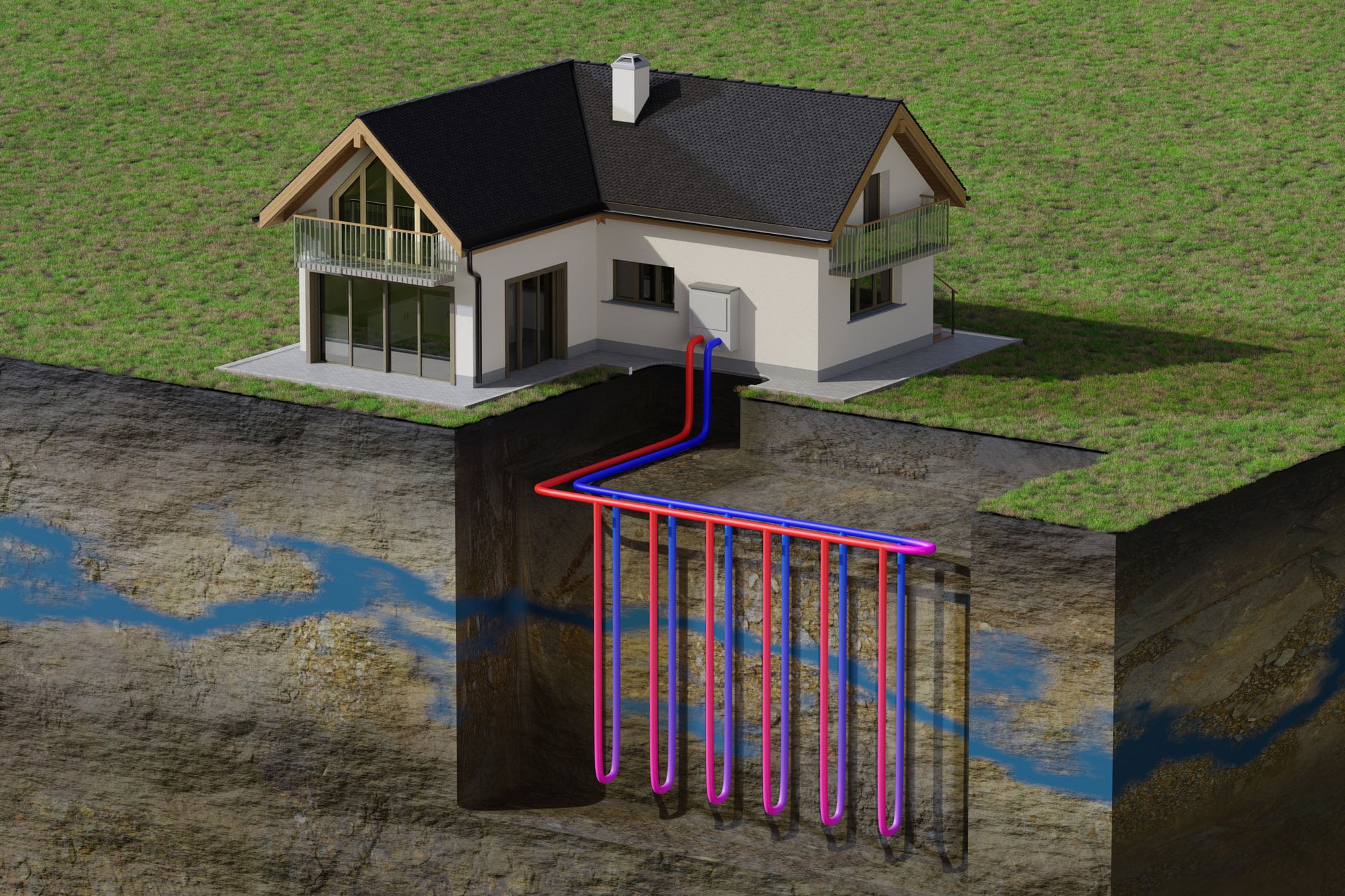 A house featuring a visible water pipe running through its structure, illustrating plumbing integration in residential design.